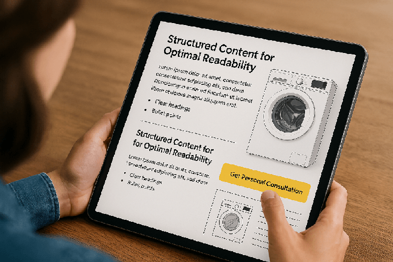 Eine Frau hält ein Tablet, auf dem Monitor ist ein modernes Webdesign mit gut strukturierten Texten und Produktbildern zu sehen.