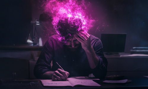 Texter mit Schreibblockade fasst sich an den rauchenden Kopf - was soll er bloß in seine SEO optimierte Produktbeschreibung schreiben?